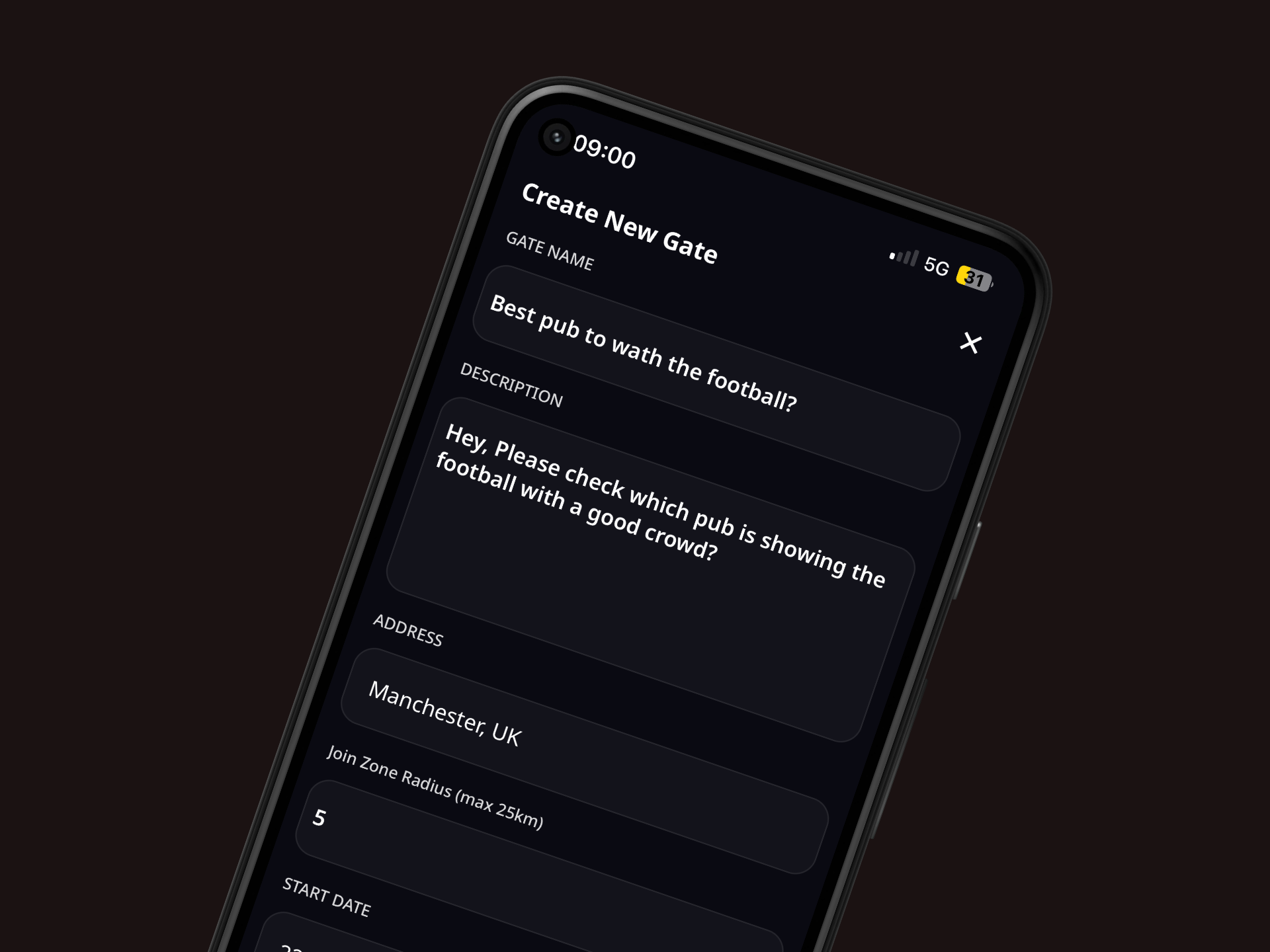 Create Gate screen showing location, radius, and details