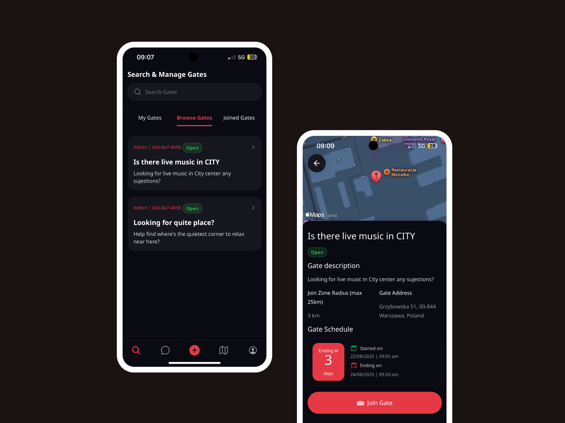 Explore nearby Gates with map and list previews